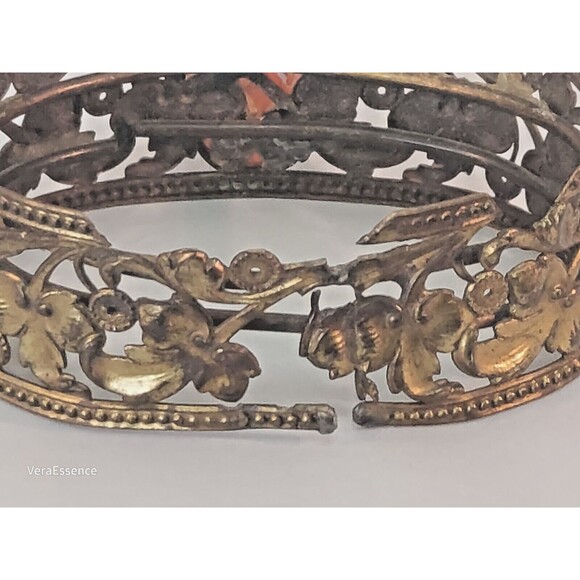 Antique Victorian Coral Cameo Bracelet Bangle Filigree Gold Tone Orange Stone - Picture 5 of 8